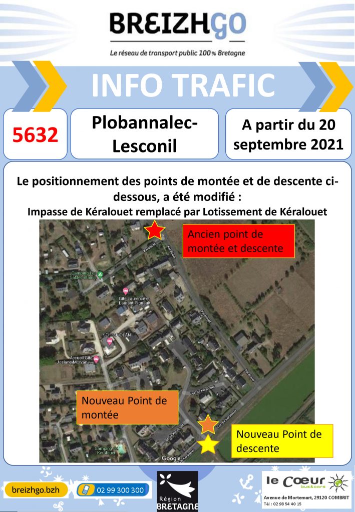 Info trafic ligne Breizhgo 5632 Le Guilvinec. Nos horaires et point d'arrêts évoluent en raison d'un nombre important d'inscriptions.