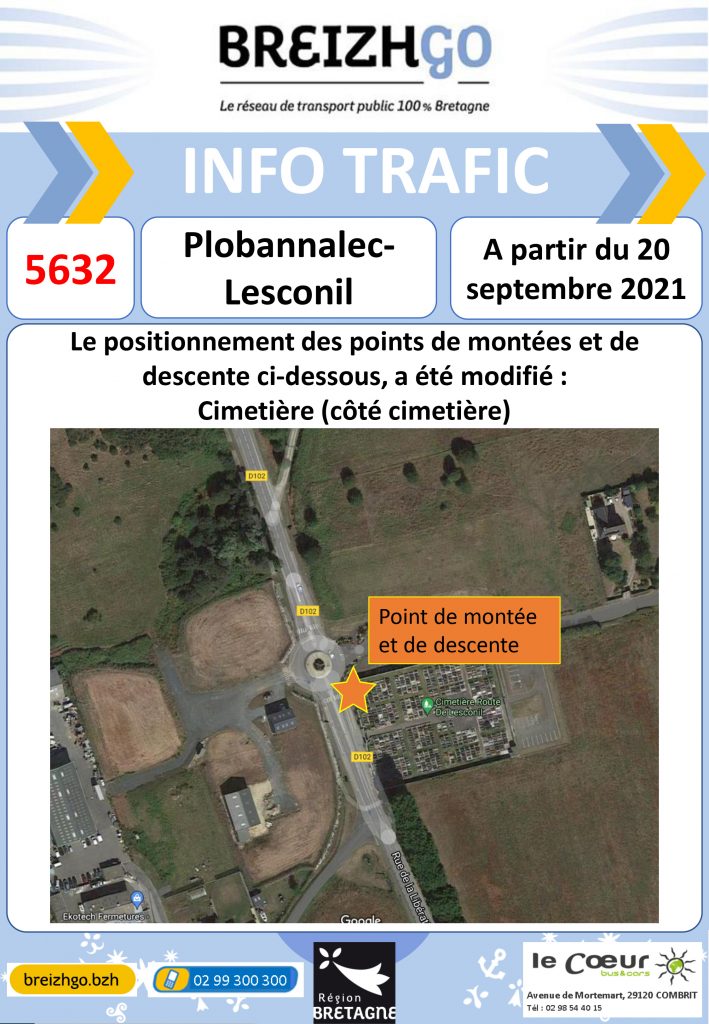 Info trafic ligne Breizhgo 5632 Le Guilvinec. Nos horaires et point d'arrêts évoluent en raison d'un nombre important d'inscriptions.