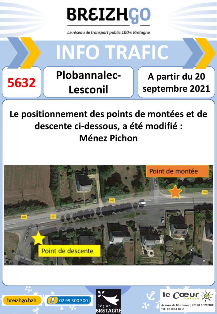 Info trafic ligne Breizhgo 5632 Le Guilvinec. Nos horaires et point d'arrêts évoluent en raison d'un nombre important d'inscriptions.