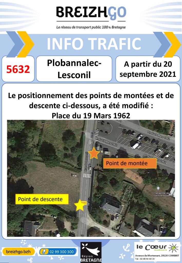 Info trafic ligne Breizhgo 5632 Le Guilvinec. Nos horaires et point d'arrêts évoluent en raison d'un nombre important d'inscriptions.