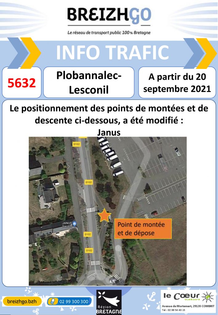 Info trafic ligne Breizhgo 5632 Le Guilvinec. Nos horaires et point d'arrêts évoluent en raison d'un nombre important d'inscriptions.