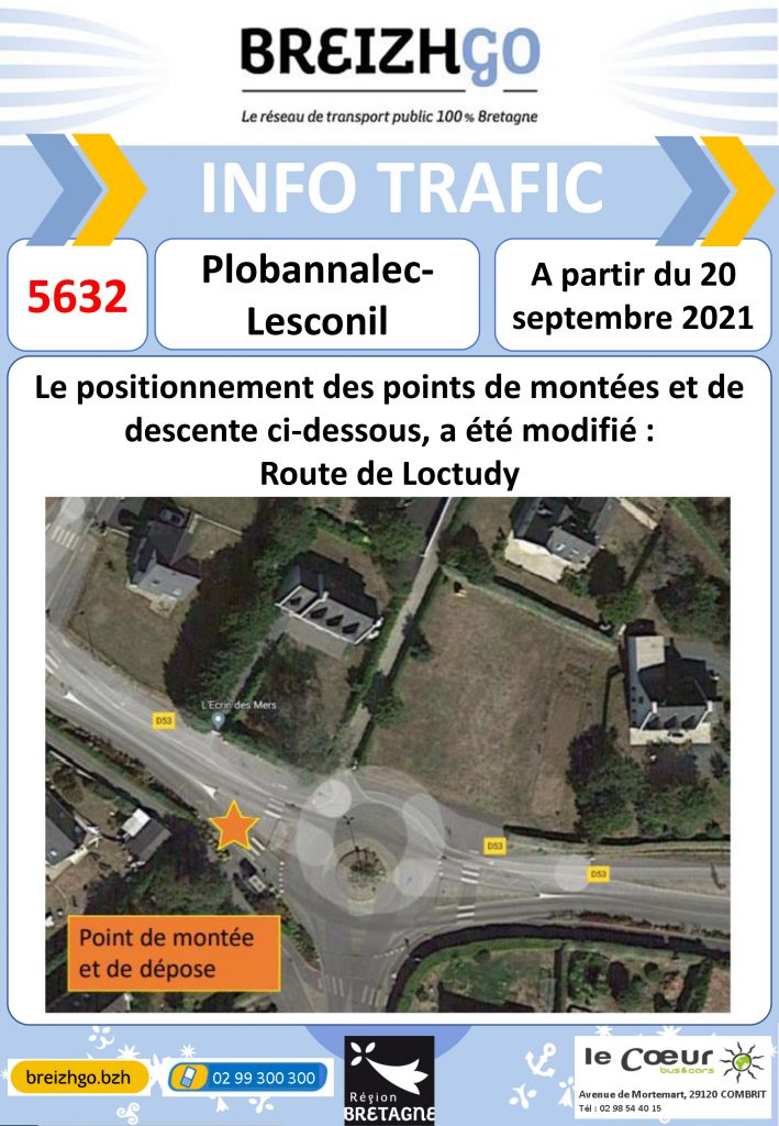 Info trafic ligne Breizhgo 5632 Le Guilvinec. Nos horaires et point d'arrêts évoluent en raison d'un nombre important d'inscriptions.