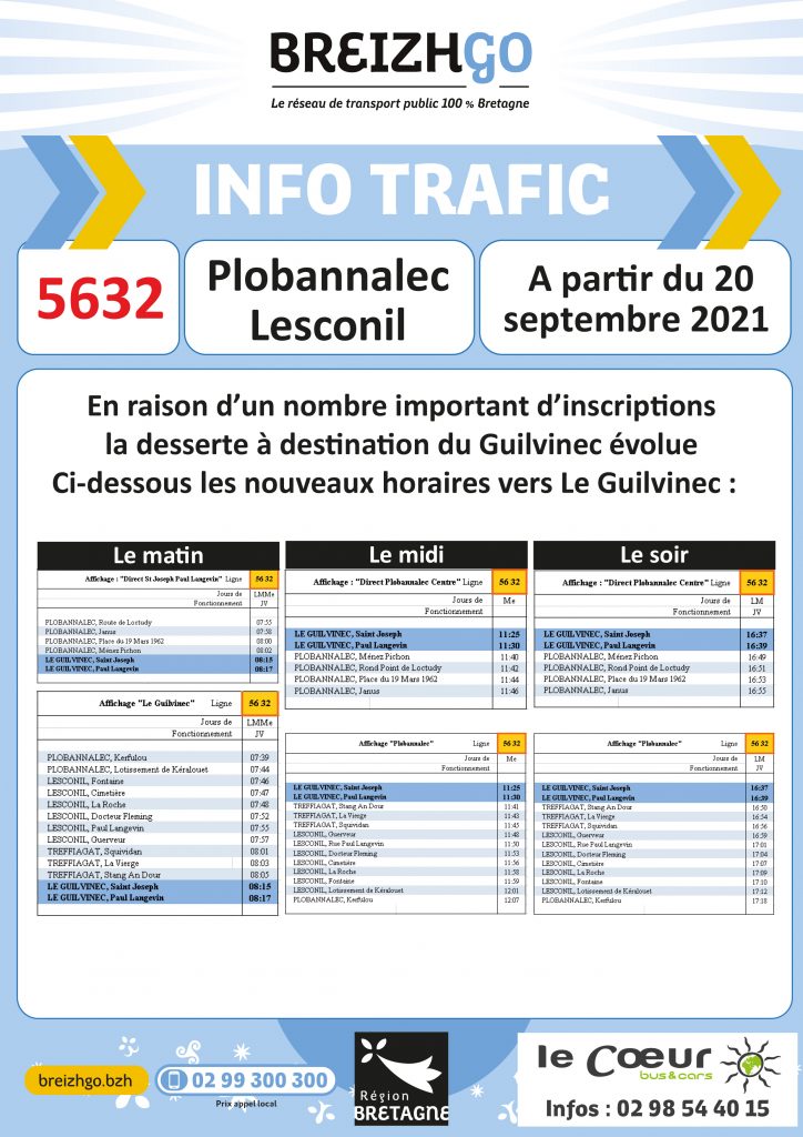 Info trafic ligne Breizhgo 5632 Le Guilvinec. Nos horaires et point d'arrêts évoluent en raison d'un nombre important d'inscriptions.