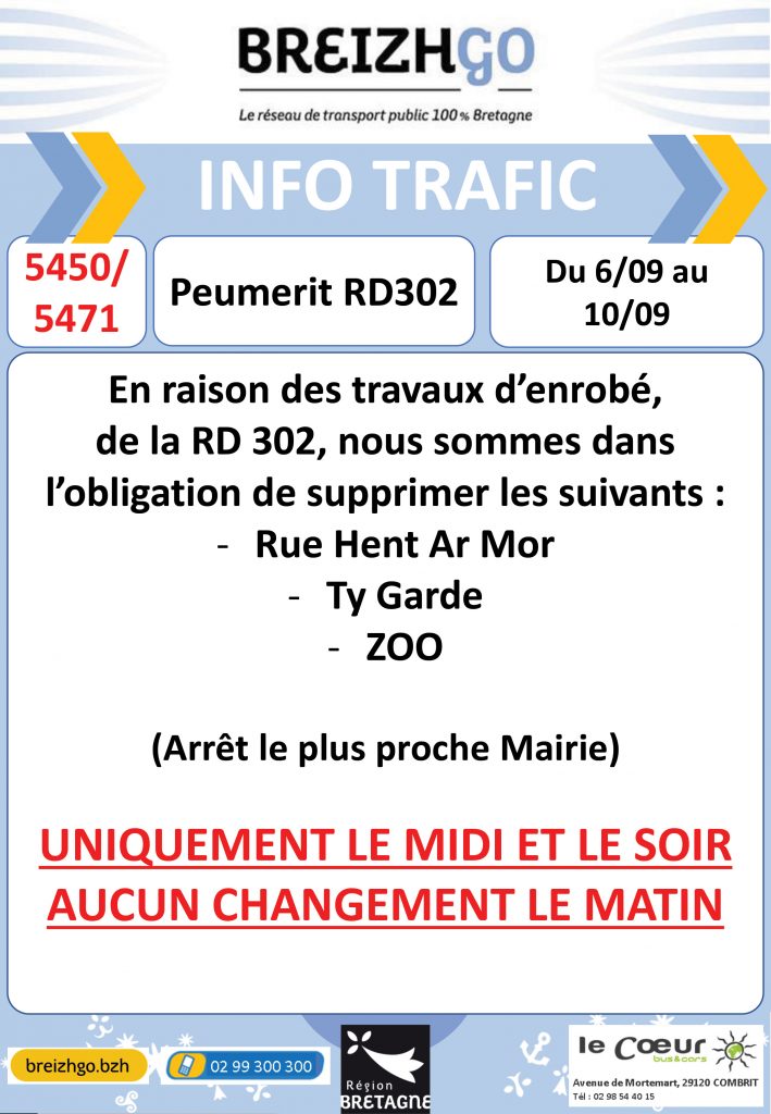 Modifications des arrêts sur les lignes scolaires breizhgo : 5450 et 5471 à Peumerit en raison de travaux d'enrobés du 6 au 10 septembre