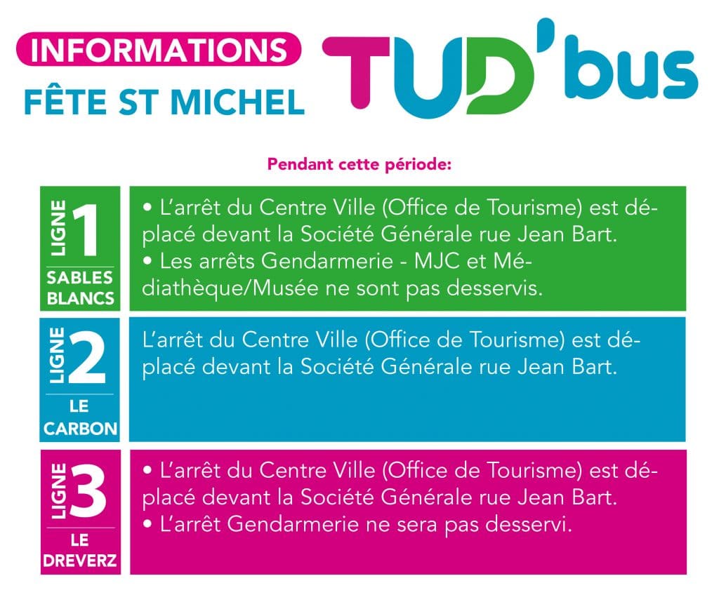 la Fête Saint Michel se déroulera à Douarnenez du 2 au 3 octobre 2021. Par conséquent, nous apportons des modifications sur vos 3 lignes de transport urbain TUD'Bus. Les modifications d'arrêt de bus commenceront le mardi 28 septembre à partir de 16H30 et se termineront lundi 4 octobre à 20H00.