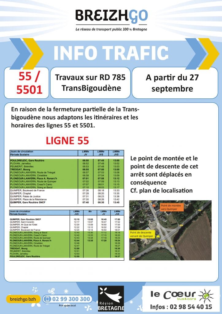 La Transbigoudène ferme partiellement pour travaux à partir du 27 septembre. Nous modifions les itinéraires et les horaires des lignes Breizhgo 55 et 5501.