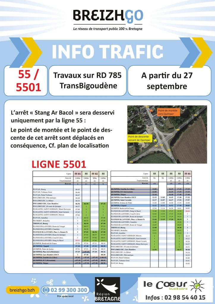 Travaux Transbigoudène: Ligne 55 et 5501: Chers usagers, Nous desservirons l'arrêt "Stang Ar Bacol" uniquement par la ligne 55. Merci de votre compréhension.