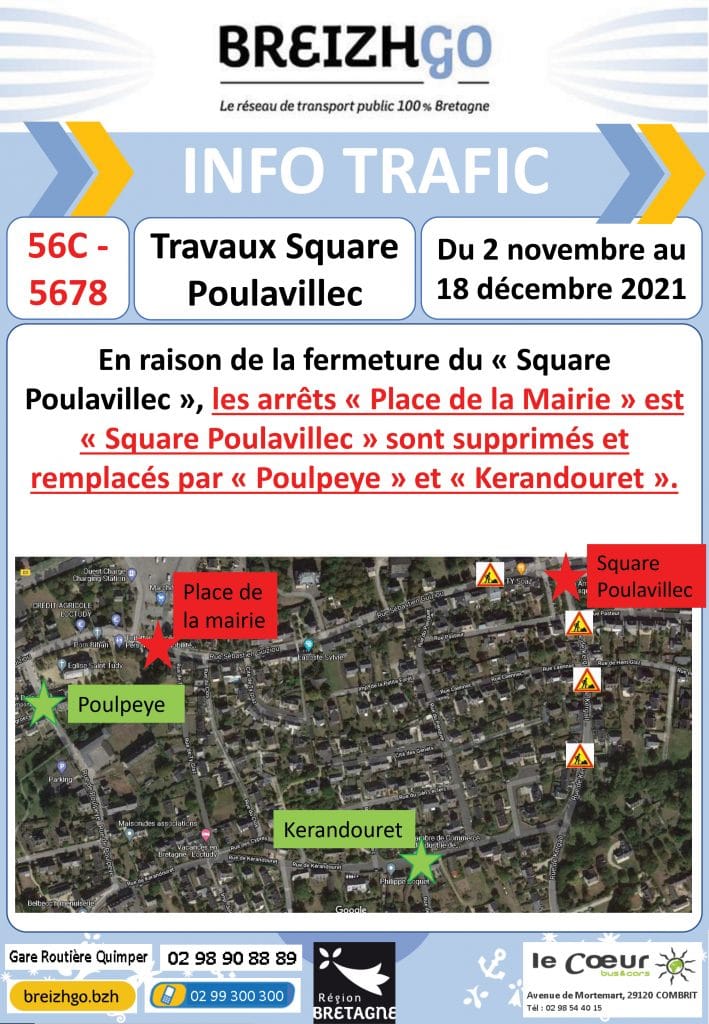 En raison de travaux de voirie à Loctudy au Square Poulavillec, les arrêts des lignes Breizhgo 56C et 5678 sont modifiés.