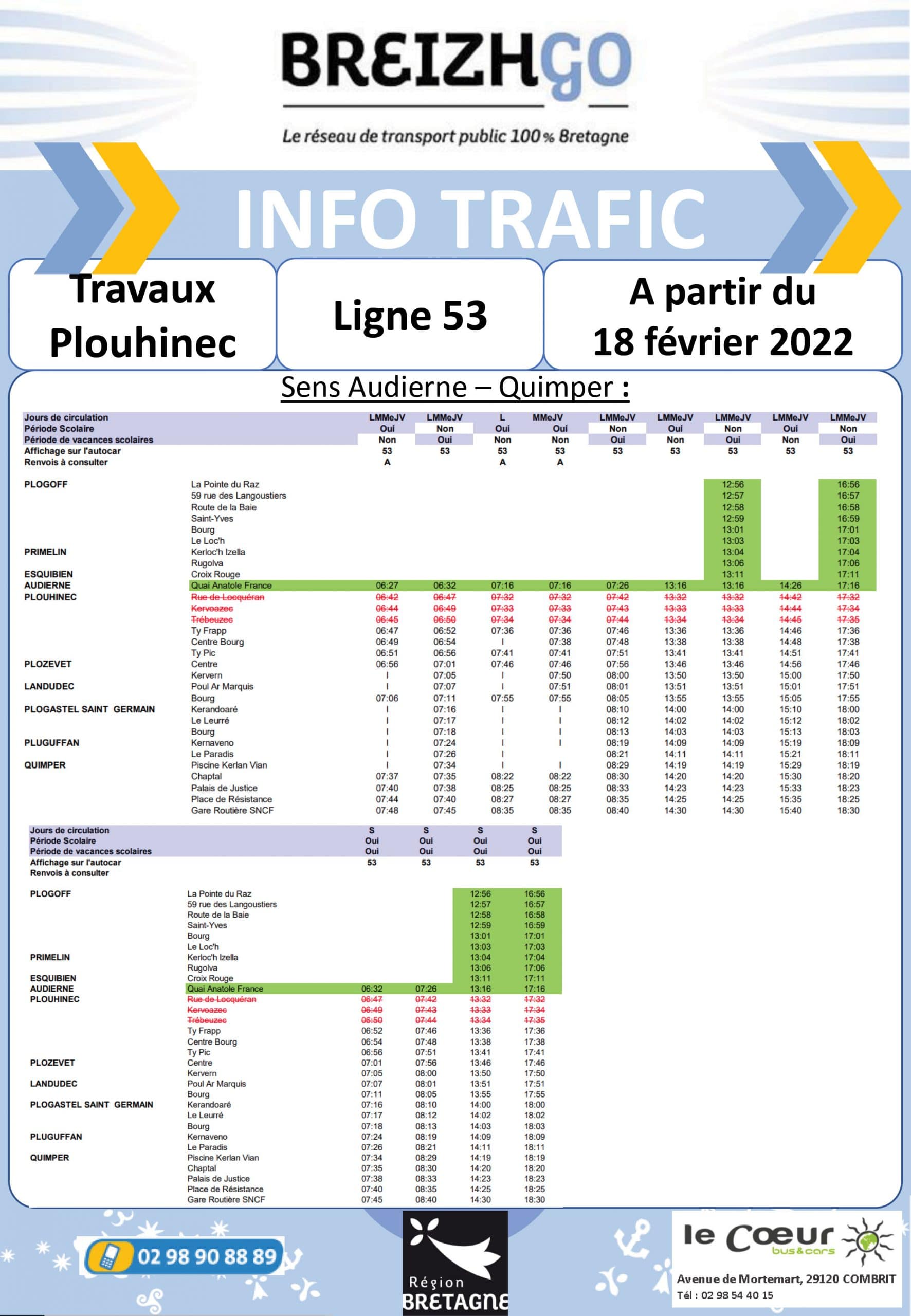 Ligne 53 Travaux à Plouhinec Le Coeur Bus & Cars Ligne 53 Travaux à Plouhinec Le Coeur Bus & Cars