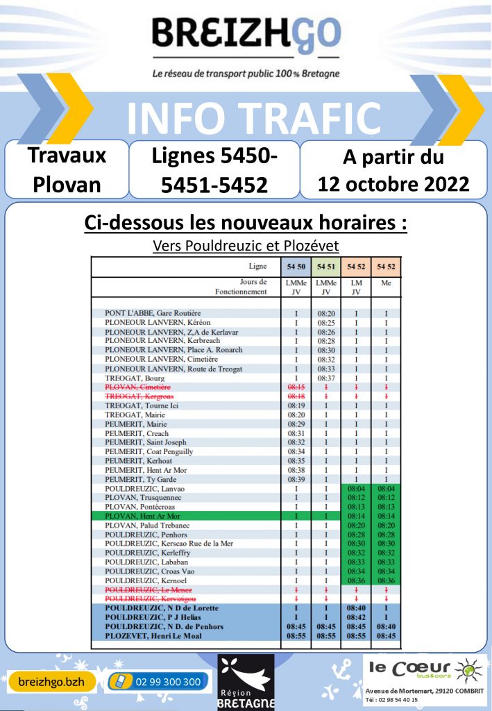 Info trafic Breizhgo ligne 5450 5451 5452 pouldreuzic plozévet