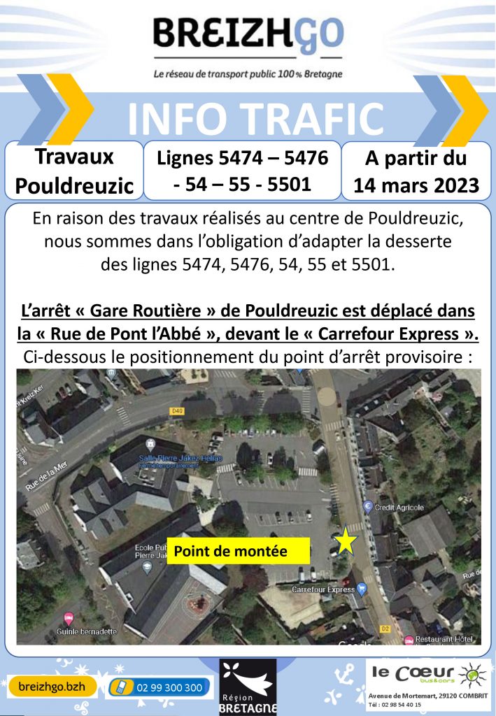 Travaux Pouldreuzic : lignes 5474-5476-54-55-5501 à partir du 14 mars 2023