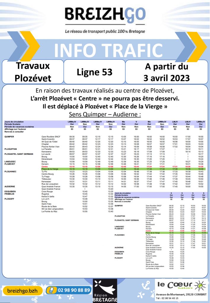 Ligne 53 - Travaux Plozévet à partir du 3 avril