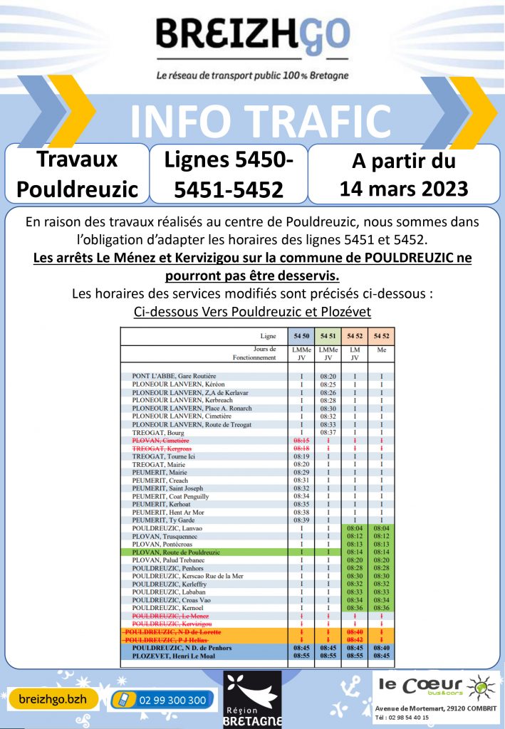 Travaux Pouldreuzic : Lignes 5450, 5451, 5452 à partir du 14 mars