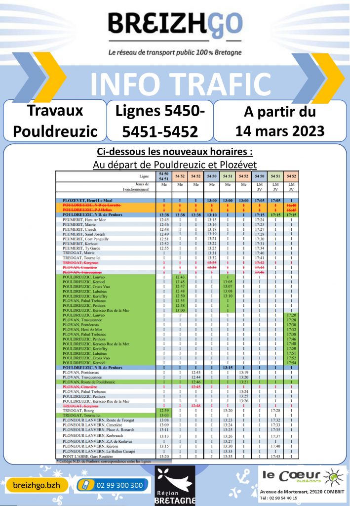 Travaux Pouldreuzic : Lignes 5450, 5451, 5452 à partir du 14 mars