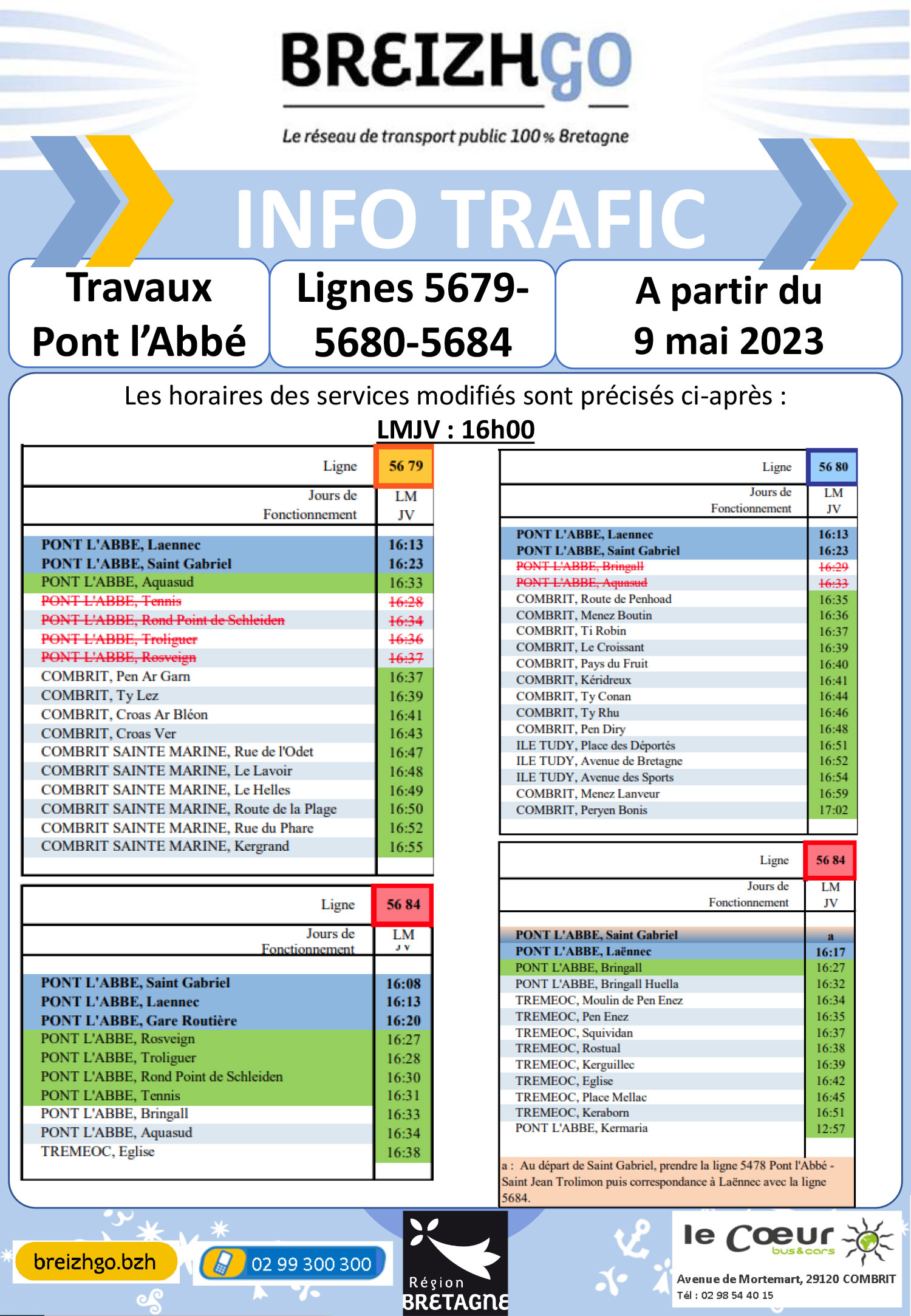 Travaux Pont l'Abbé à partir du 9 mai, lignes 56A,B,C + scolaires Le Coeur Bus & Cars Travaux Pont l'Abbé à partir du 9 mai, lignes 56A,B,C + scolaires Le Coeur Bus & Cars