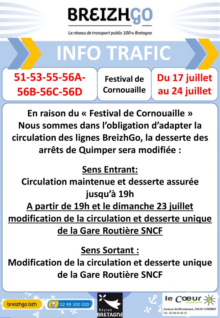 Festival de Cornouaille modification de la circulation en centre-ville et des dessertes des arrêts de bus