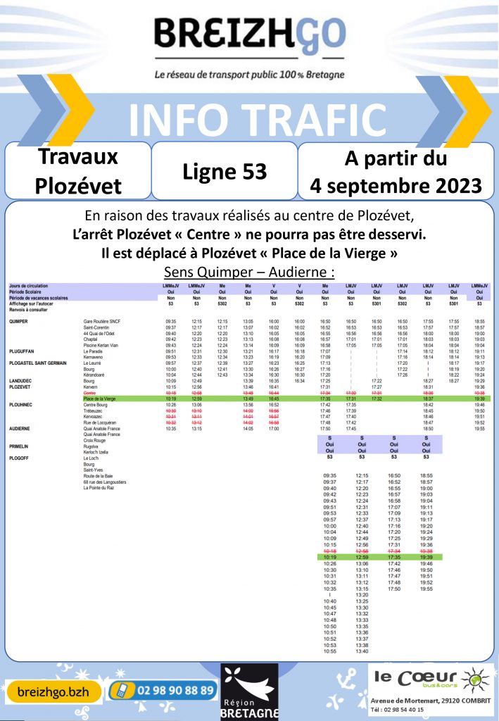 Travaux sur la ligne 53 en direction de Quimper ou Audierne