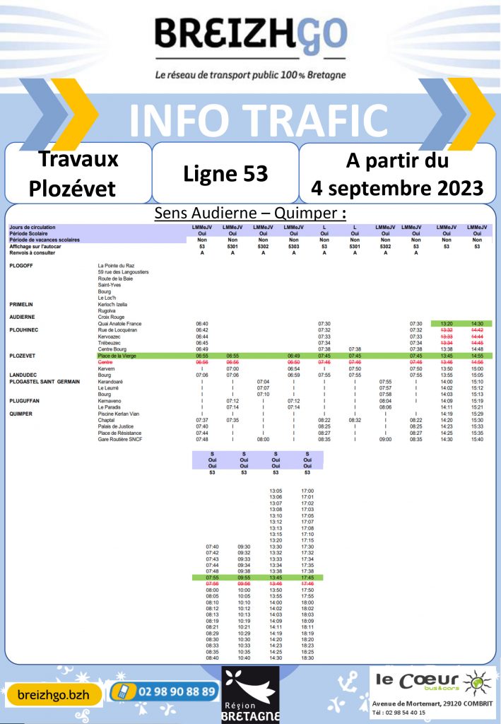 Modification des points d'arrêts et horaires de la ligne Breizhgo 53 en raison de travaux à au bourg de Plozévet