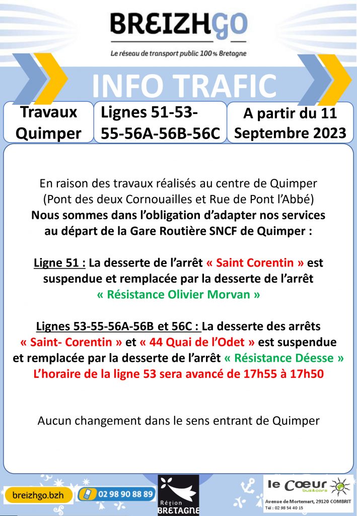 travaux à Quimper, nous modifions la desserte des arrêts et les horaires notamment de la ligne Breizhgo 53.