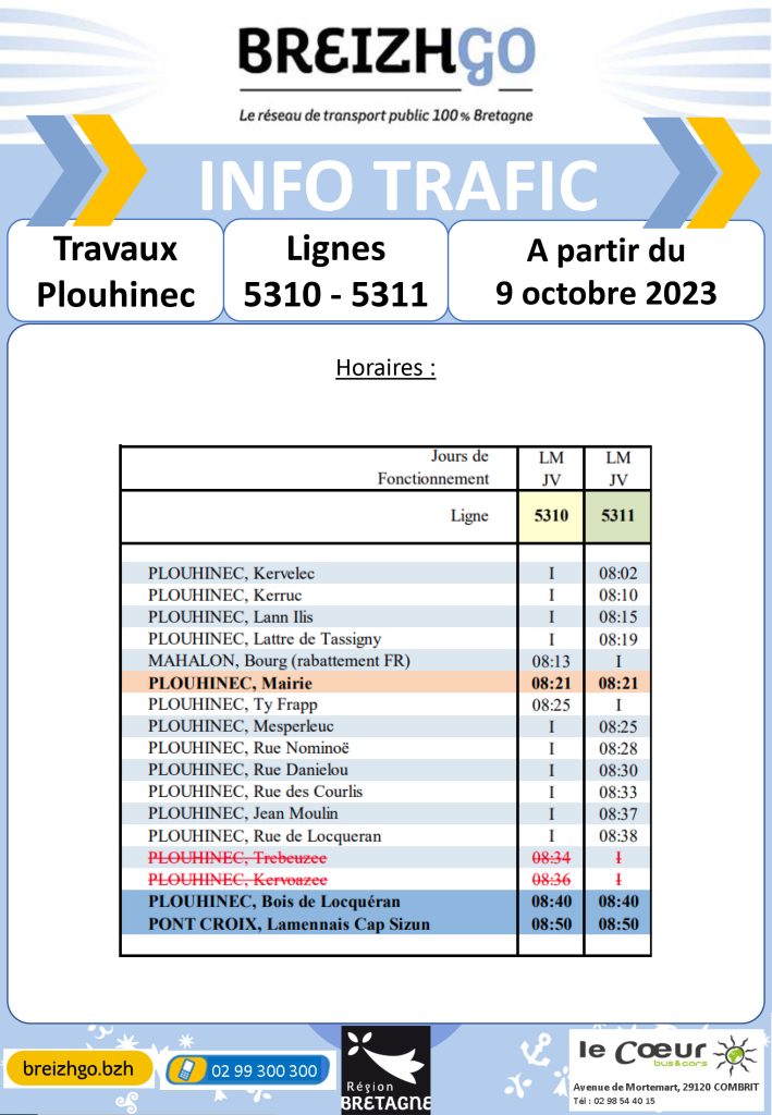 travaux à Plouhinec dans le finistère, le car scolaire ne desservira pas tous les arrêts