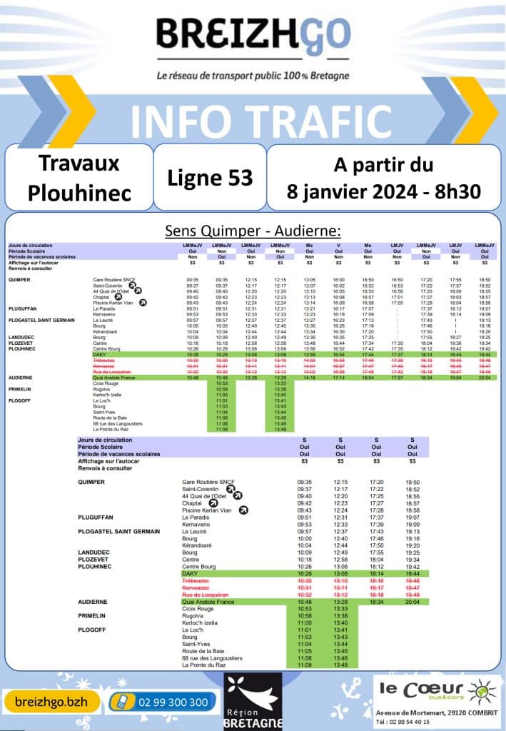 travaux à Plouhinec breizhgo ligne 53, nouveaux horaires
