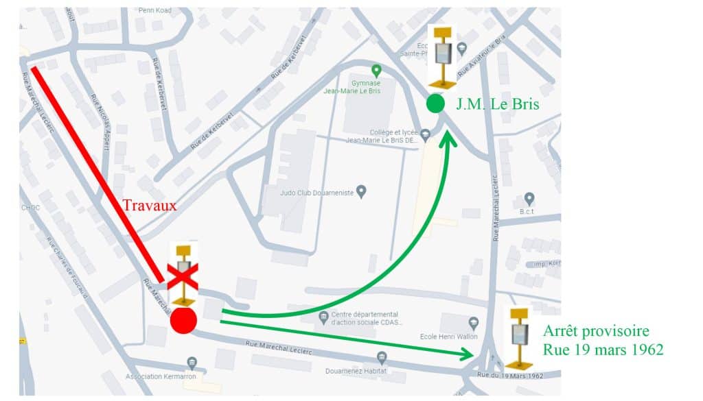 plan de la ville de Douarnenez montrant les travaux et les nouveaux arrêts de bus