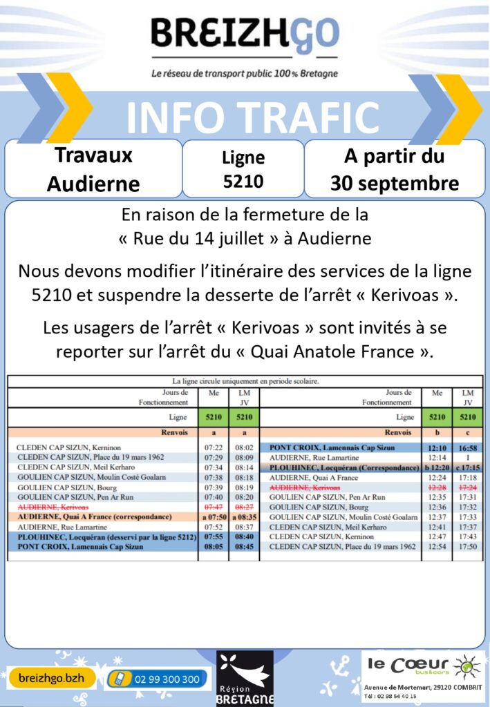 En raison des travaux de la "Rue du 14 Juillet" à Audierne qui commencent le mardi 30 septembre (dès le premier horaire du matin), nous sommes dans l’obligation d’adapter les services de la ligne 5210. La desserte de l'arrêt "Kerivoas" est suspendue. Les modifications apparaissent sur le flyer ci-dessous. Merci de votre compréhension.