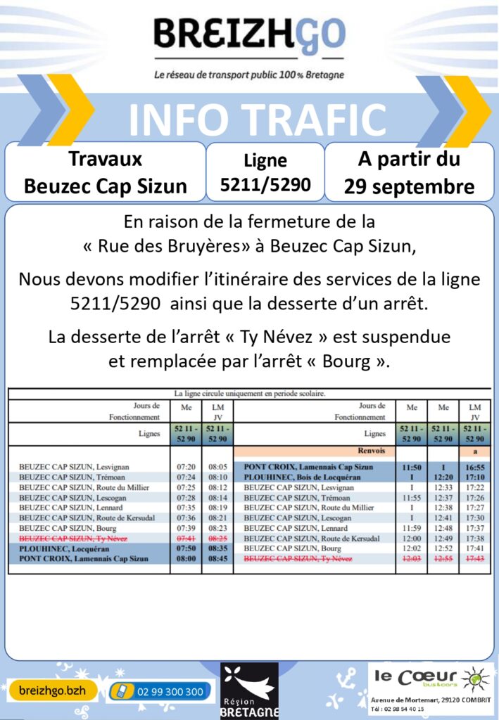 En raison des travaux du centre de Beuzec, qui commencent le lundi 29 septembre (dès le premier horaire du matin), nous sommes dans l’obligation d’adapter les services de la ligne 5211 & 5290.
La desserte de l'arrêt "Ty Névez" est suspendue. Les modifications apparaissent sur le flyer ci-dessous.