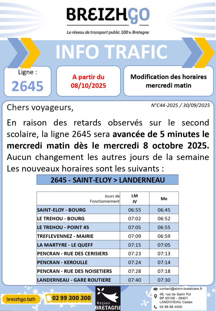 Chers voyageurs, en raison des retards observés sur le second scolaire, la ligne 2645 sera avancée de 5 minutes le mercredi matin dès le mercredi 8 octobre 2025. Aucun changement les autres jours de la semaine.