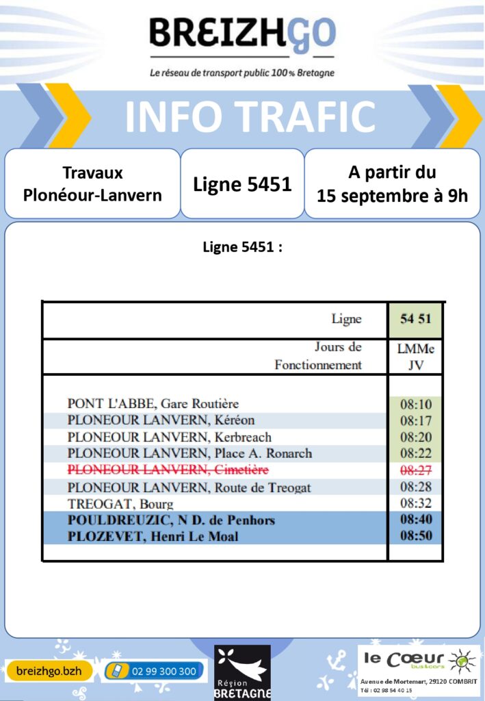 Nous devons adapter l’horaires de départ de la ligne uniquement dans le sens aller. Vous trouverez à suivre la fiche horaire de la ligne 5451 modifiée.