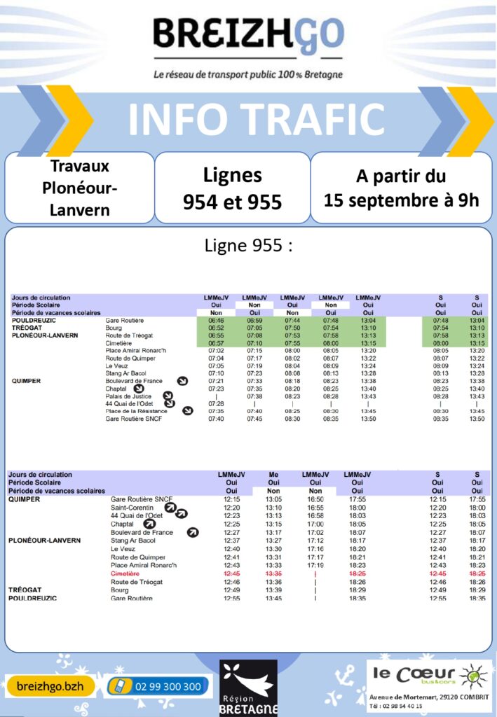 n raison des travaux réalisés dans le centre de Plonéour-Lanvern, nos devons adapter la circulation des cars à partir du 15 septembre à 9h
