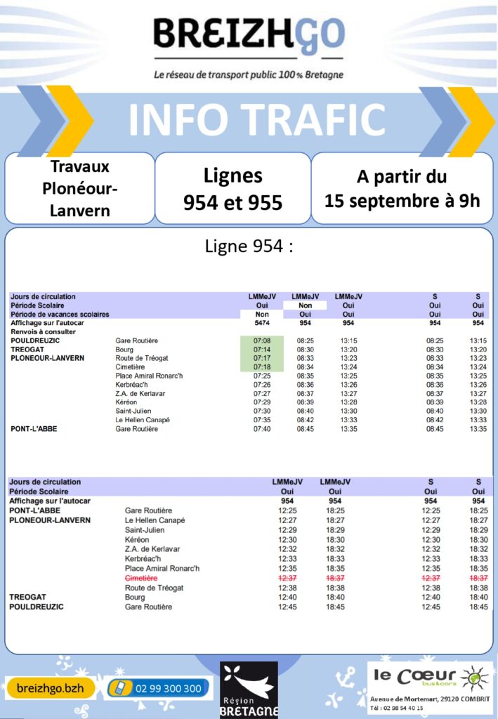 n raison des travaux réalisés dans le centre de Plonéour-Lanvern, nos devons adapter la circulation des cars à partir du 15 septembre à 9h