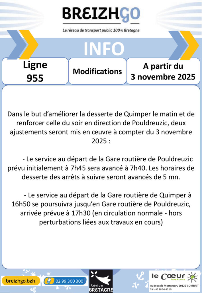 Ligne 955 : modifications horaires