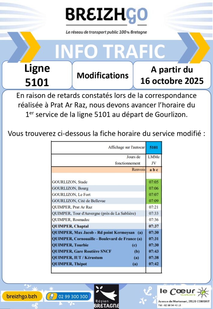 En raison de retards constatés lors de la correspondance réalisée à Prat Ar Raz, nous devons avancer l'horaire du 1er service de la ligne 5101 au départ de Gourlizon.
