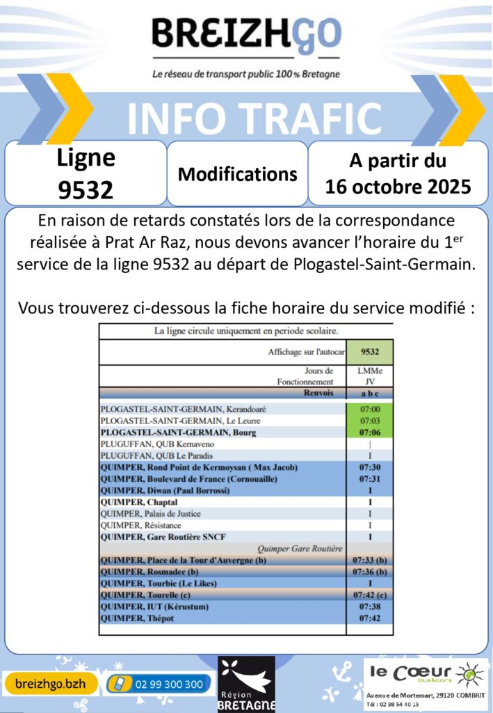 En raison de retards constatés lors de la correspondance réalisée à Prat Ar Raz, nous devons avancer l'horaire du 1er service de la ligne 9532 au départ de Plogastel-Saint-Germain.
Merci de prendre connaissance de la fiche horaire du service modifié ci-dessous.
Nous vous remercions de votre compréhension.