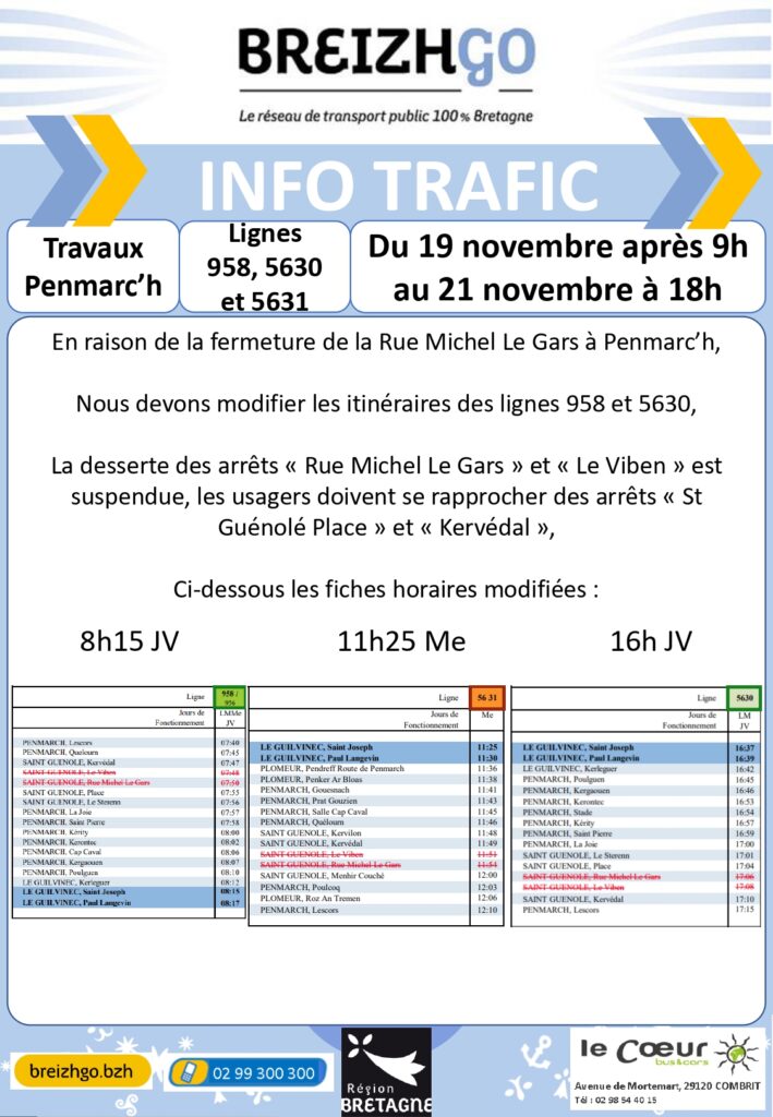 Lignes 958, 5630, 5631 et 5670 : Travaux Penmarc'h