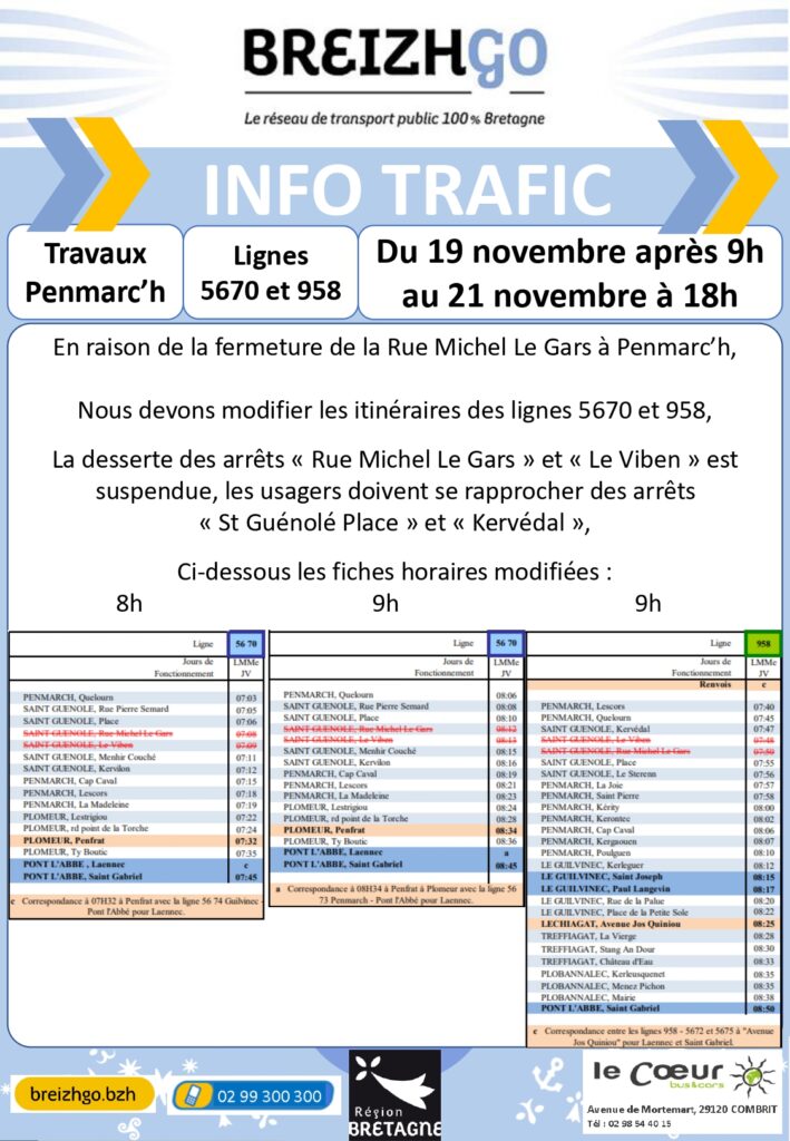 Lignes 958, 5630, 5631 et 5670 : Travaux Penmarc'h